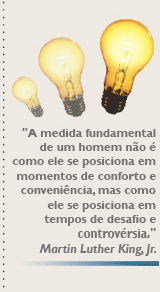 A medida fundamental de um homem não é como ele se posiciona em momentos de conforto e conveniência, mas como ele se posiciona em tempos de desafio e controvérsia. Martin Luther King Jr.
